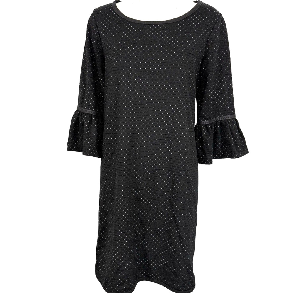 Max Studio Womens Bell Sleeve Knit Stretch Black White Polka Dot Dress sz M
